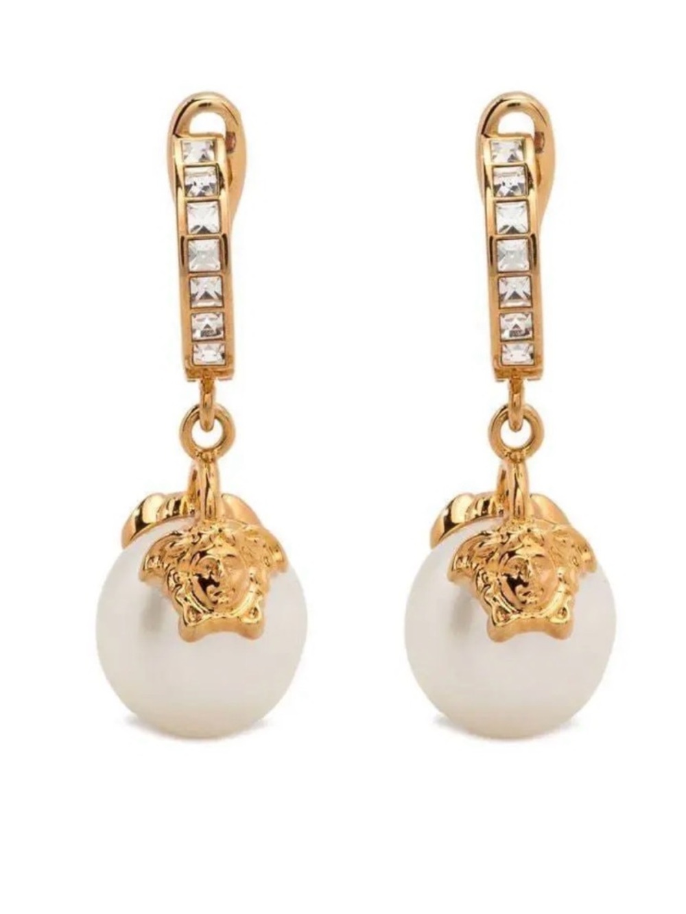 Versace Gold-Tone Pearl Drop Earrings with Crystal Bar Accents